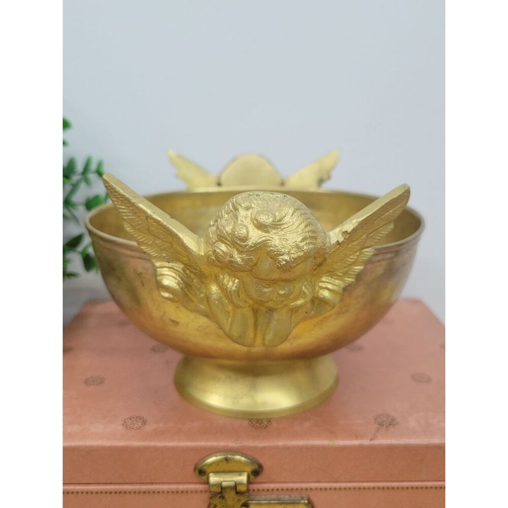 Vintage Copper & Brass Double Angel Pedestal Bowl - Hollywood Regency Home Decor